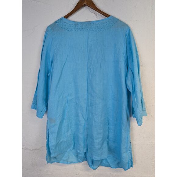 Beaded Boho Linen Tunic Blouse Womens 14 16 Aqua Blue Lagenlook Hippie Fairy - Picture 5 of 9